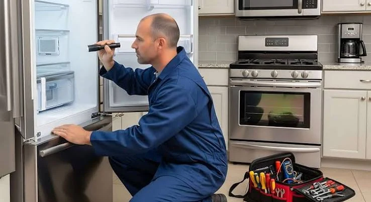 Technician checking the interior of a refrigerator with a flashlight